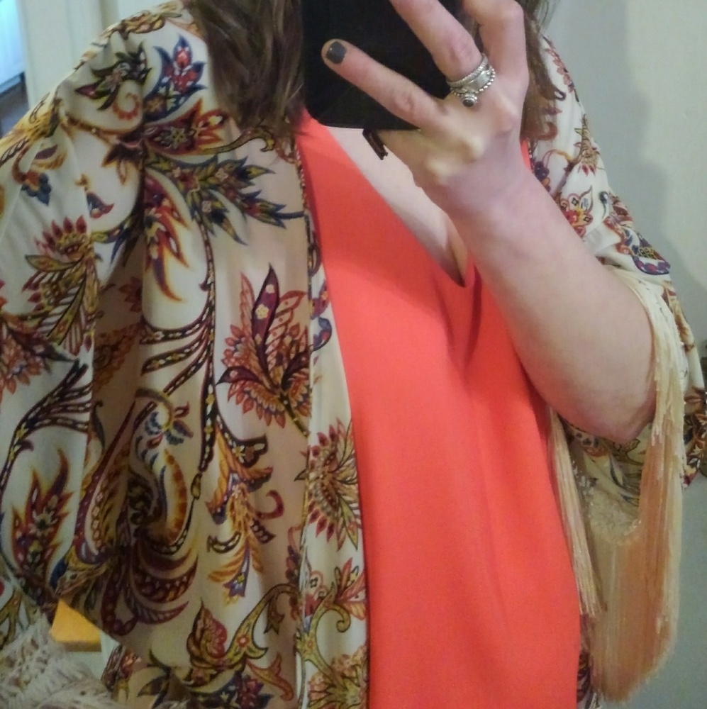 Veronica M Fringe Kimono & Sleeveless Top Set Larg